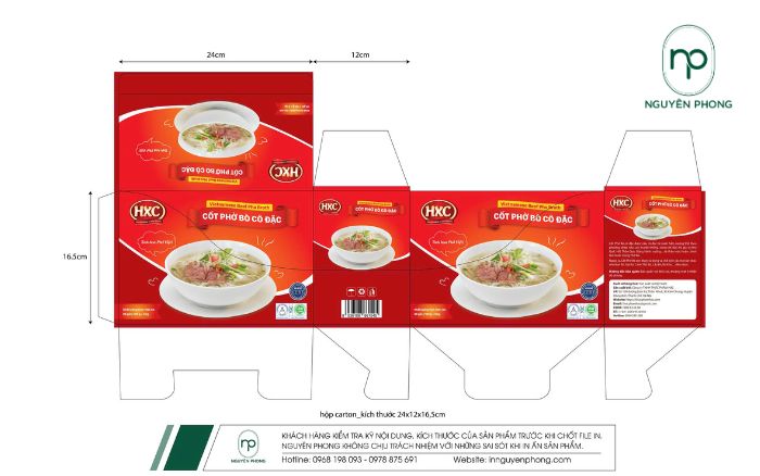 in hộp giấy đựng cốt phở bò cô đặc với màu đỏ ấn tượng